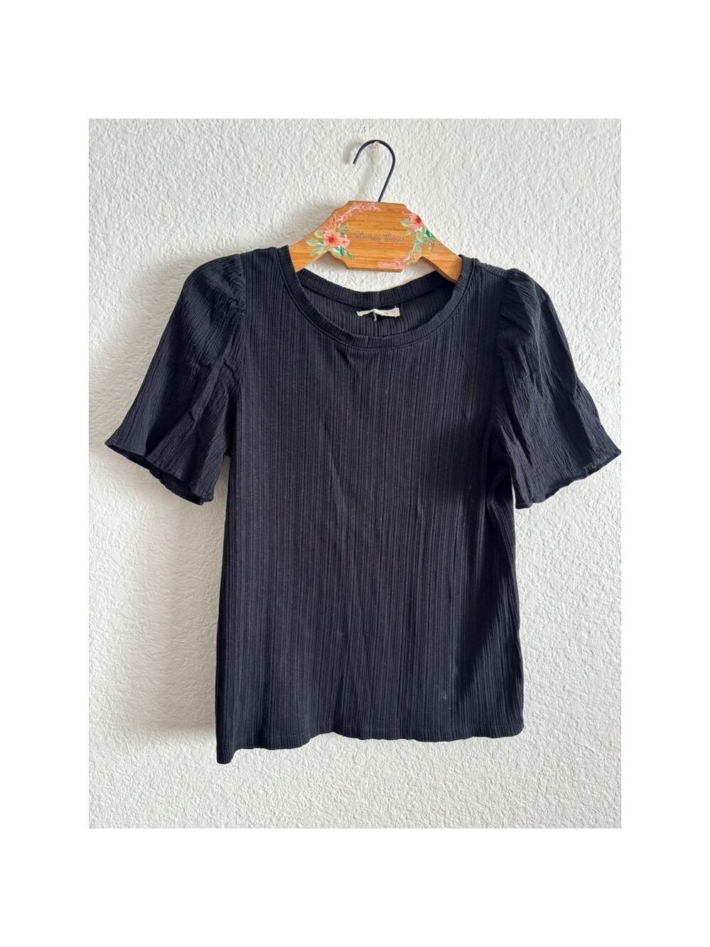 Madewell Puff Sleeve Top Women Size S Black Ribbed Knit Short Sleeve‎ Tee